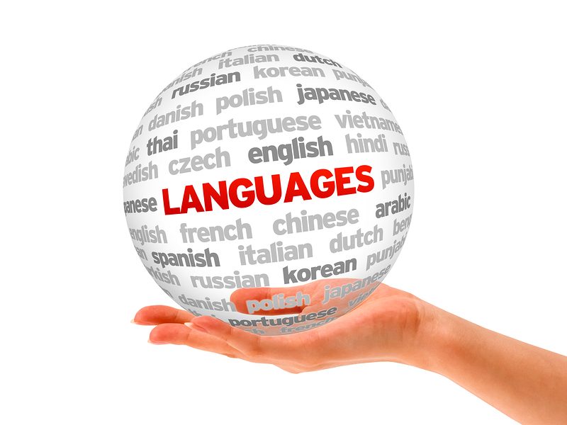 Hand holding a Languages Word Sphere on white background.